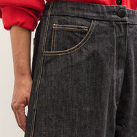 Cordera Denim Curved Leg Pants, Black