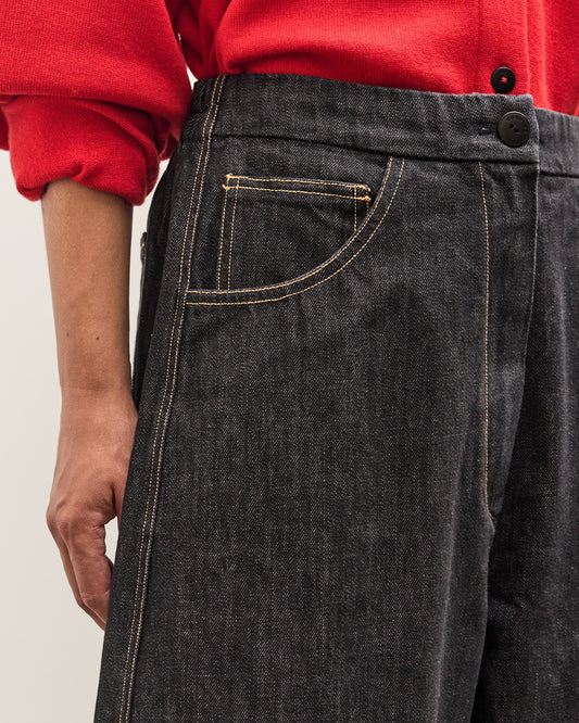 Cordera Denim Curved Leg Pants, Black