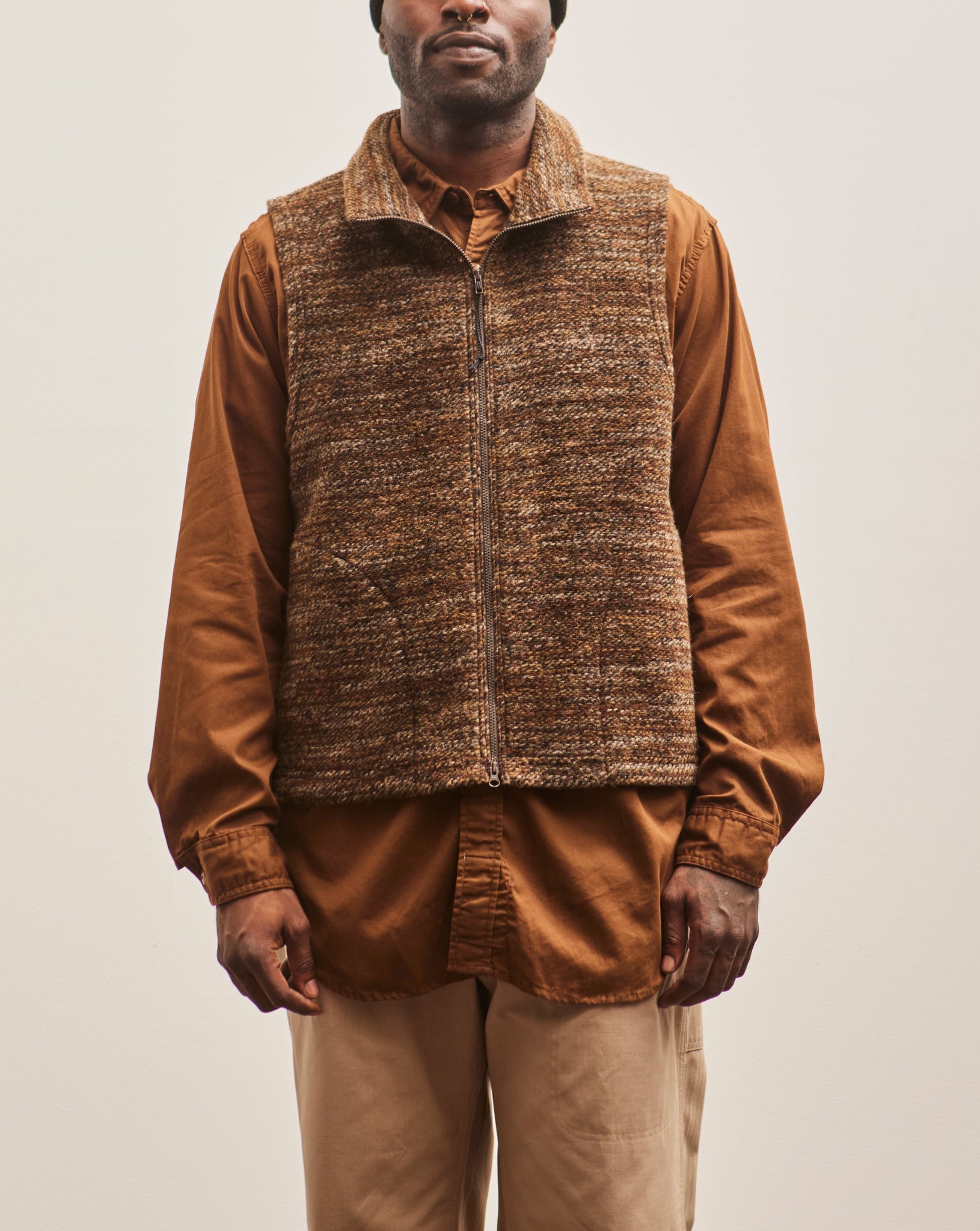 Engineered Garments High Mock Knit Vest, Brown Melange | Glasswing