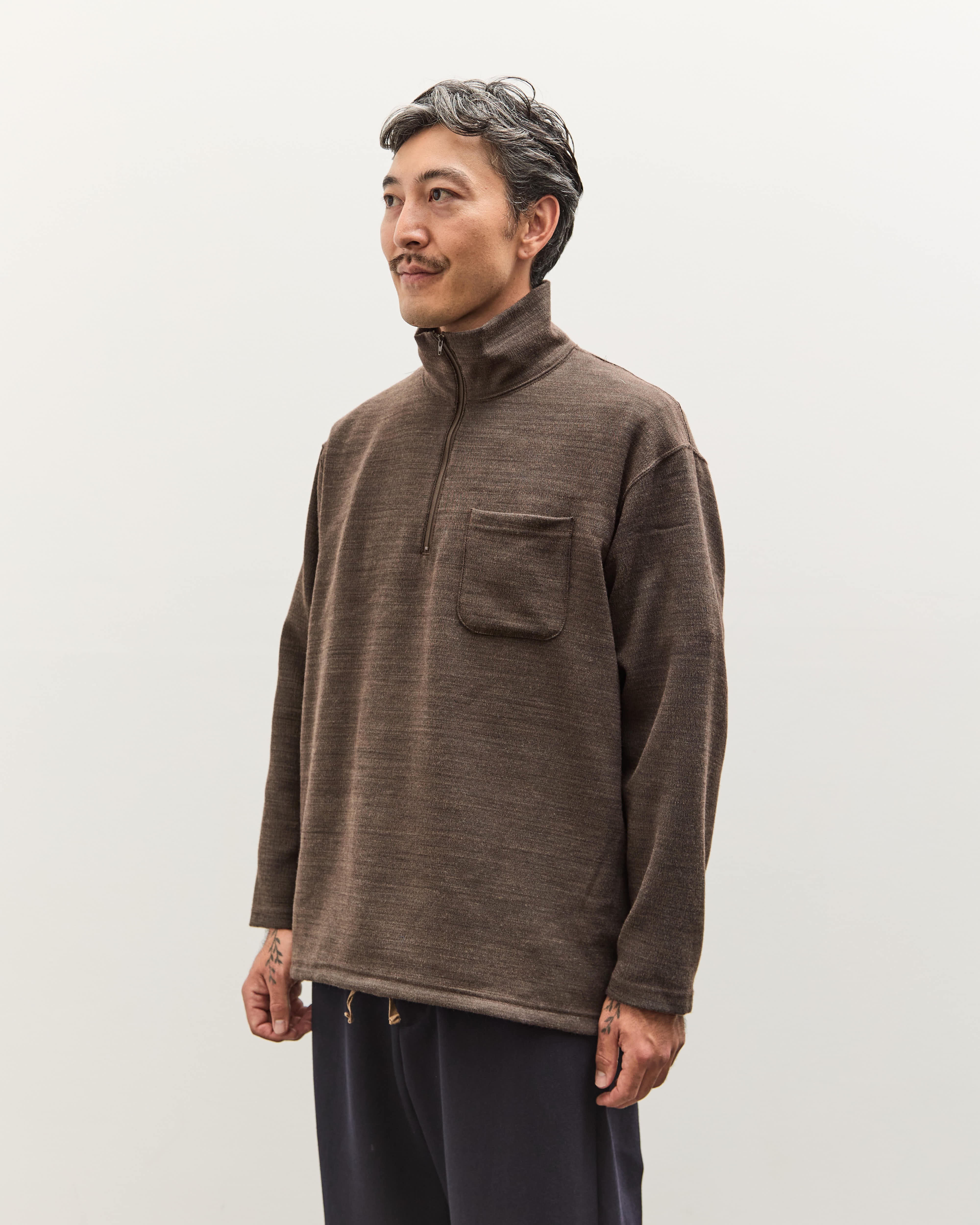 トップス Engineered garments Zip Mock Neck Engineered Garments Zip Mock Neck, Brown Melange – Glasswing