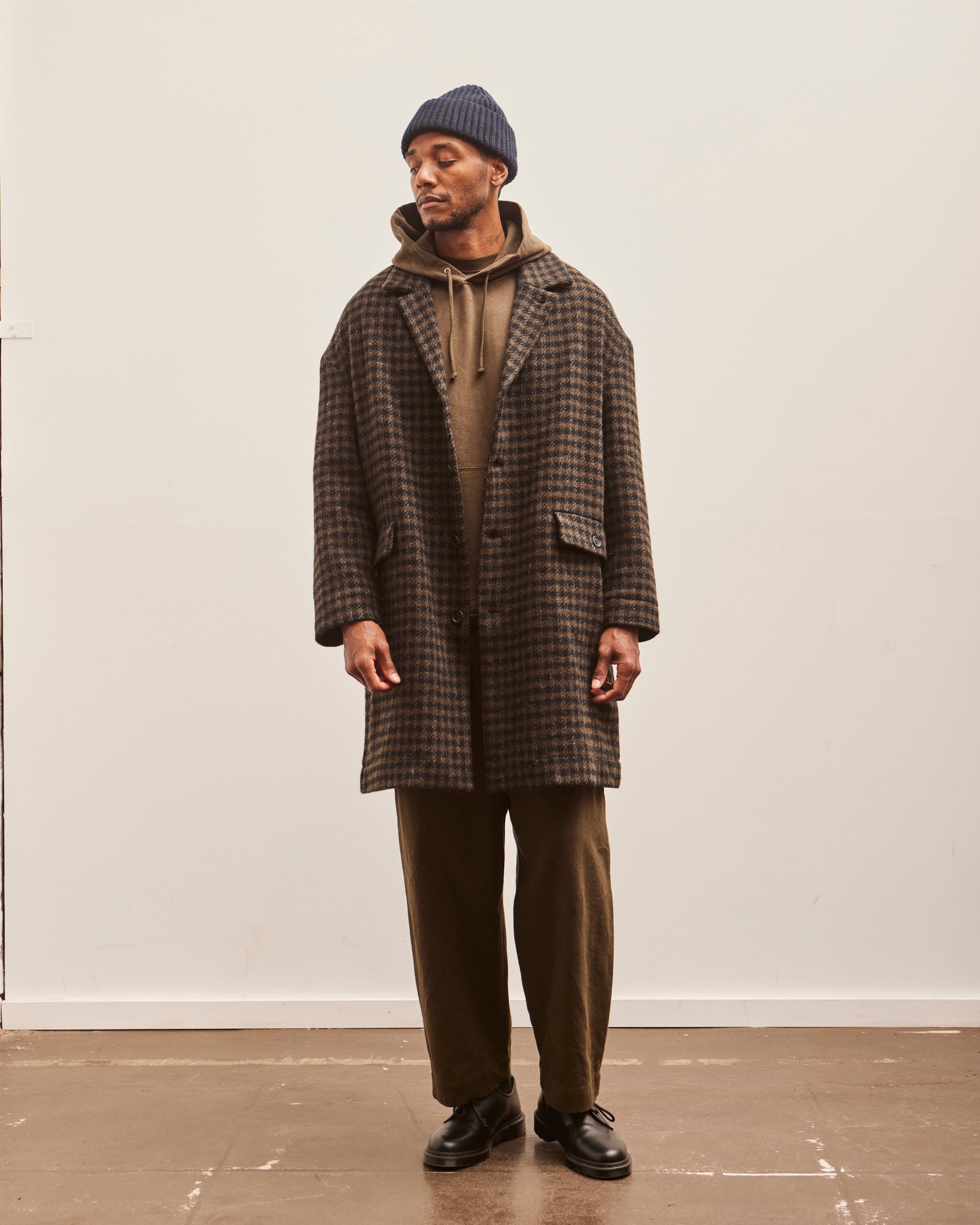 Evan Kinori Big Coat, Dark Olive Heavy Brushed Wool Check