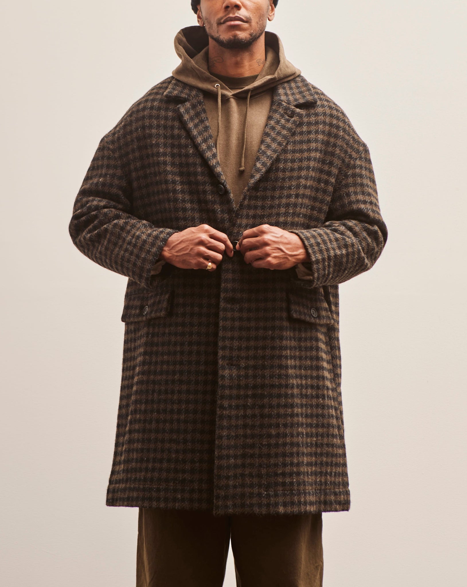 Evan Kinori Big Coat, Dark Olive Heavy Brushed Wool Check
