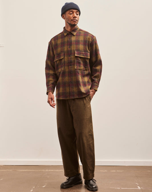 Evan Kinori Big Shirt, Dark Olive Wool/Gauze Check