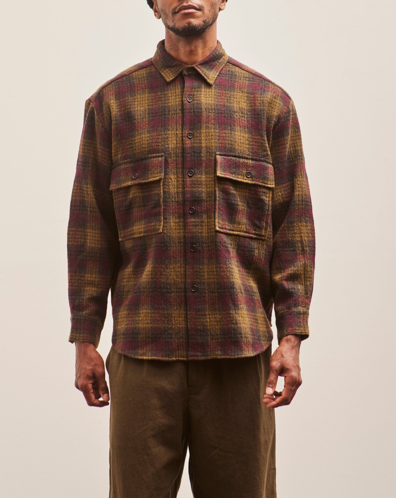 Evan Kinori Big Shirt, Dark Olive Wool/Gauze Check | Glasswing