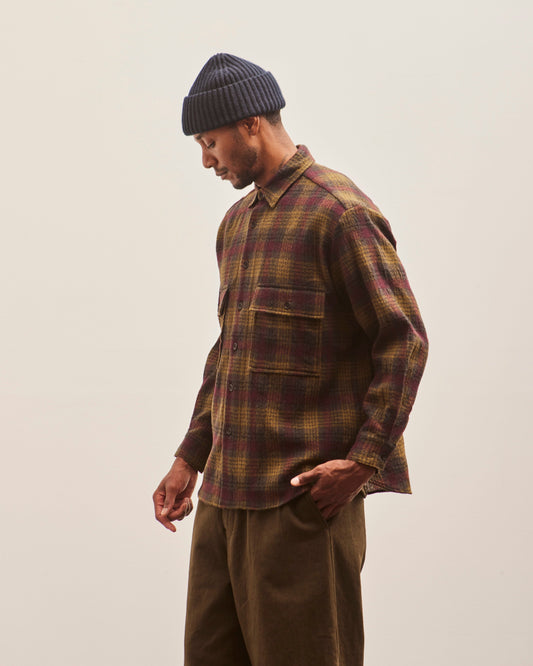 Evan Kinori Big Shirt, Dark Olive Wool/Gauze Check