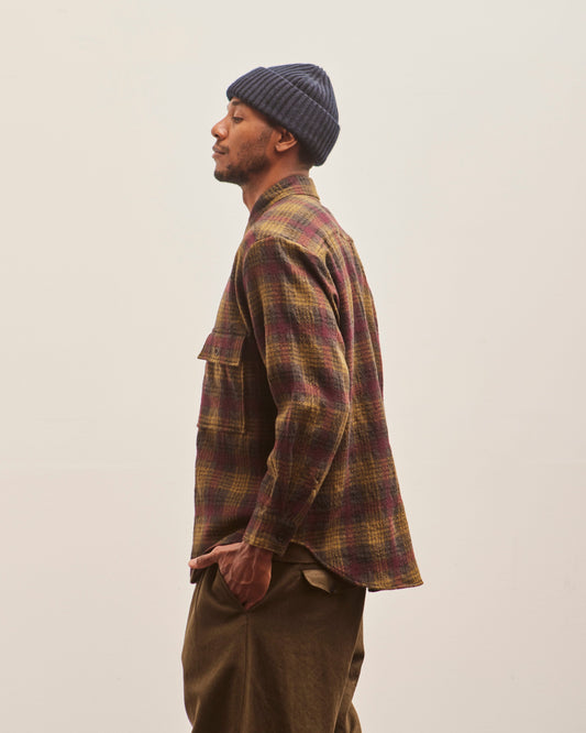 Evan Kinori Big Shirt, Dark Olive Wool/Gauze Check