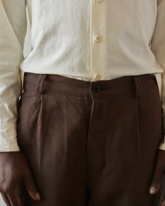 Evan Kinori Cotton/Linen Twill Single Pleat Pant, Brown