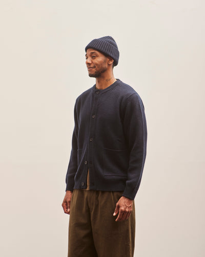 Evan Kinori Crewneck Cardigan, Navy Cashmere/Lambswool