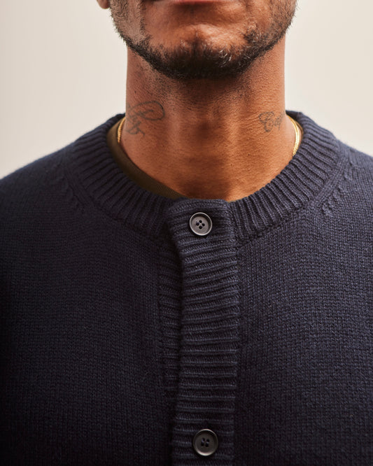 Evan Kinori Crewneck Cardigan, Navy Cashmere/Lambswool