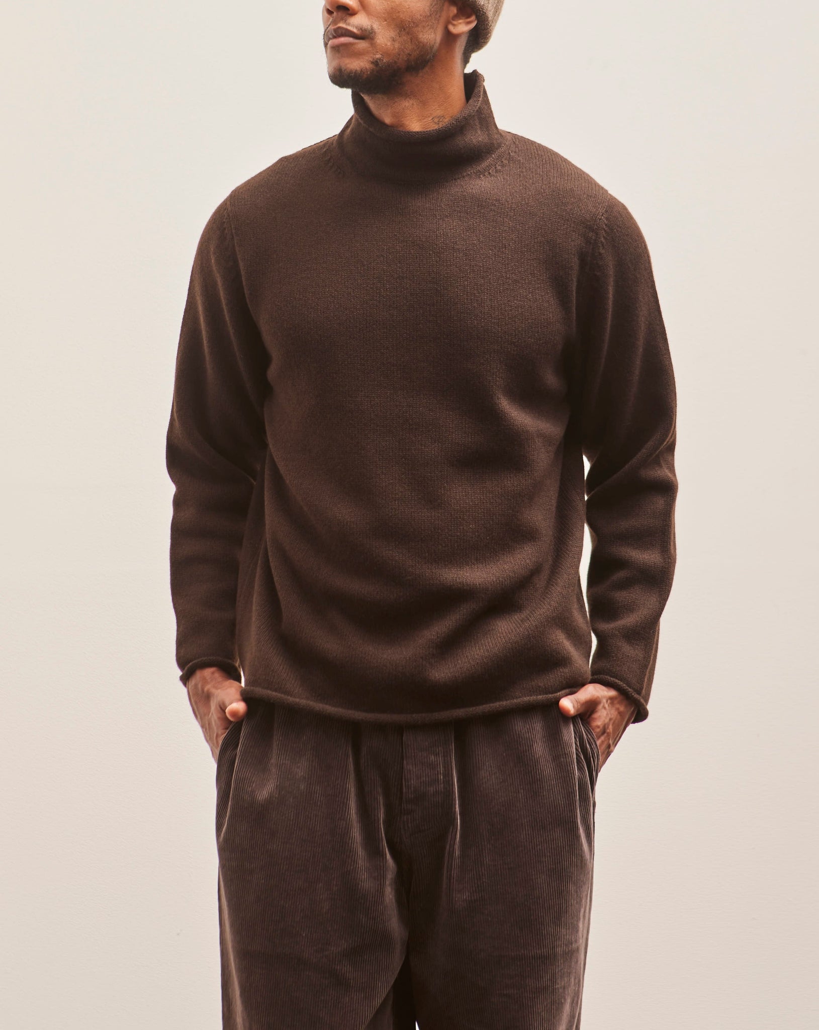 Evan Kinori Roll Neck Sweater, Brown Cashmere/Lambswool | Glasswing