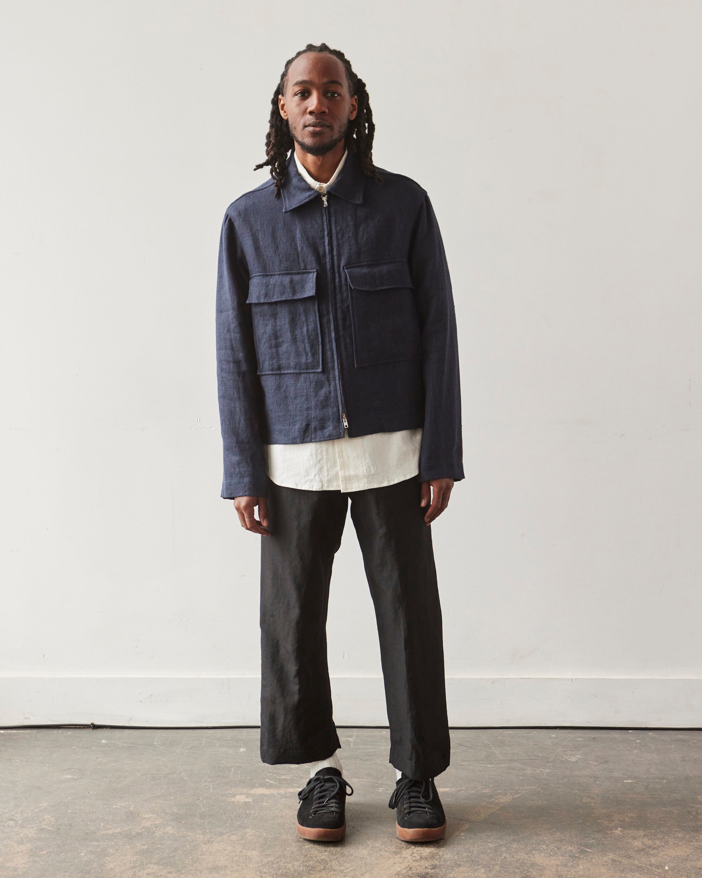 Evan Kinori Butcher Linen Zip Jacket, Navy – Glasswing