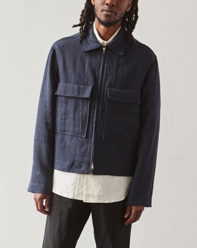 Evan Kinori Butcher Linen Zip Jacket, Navy