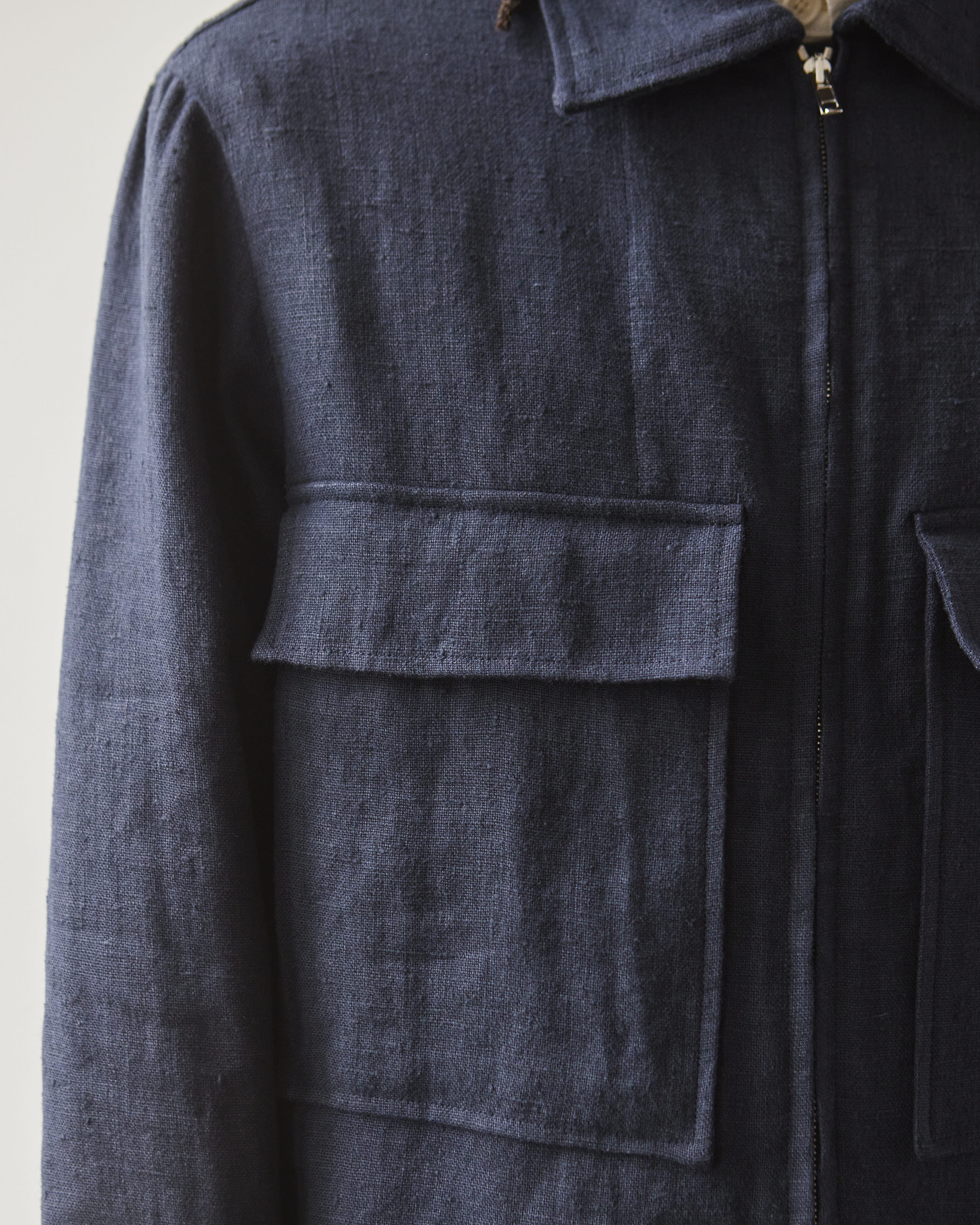 Evan Kinori Butcher Linen Zip Jacket, Navy – Glasswing