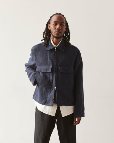 Evan Kinori Butcher Linen Zip Jacket, Navy