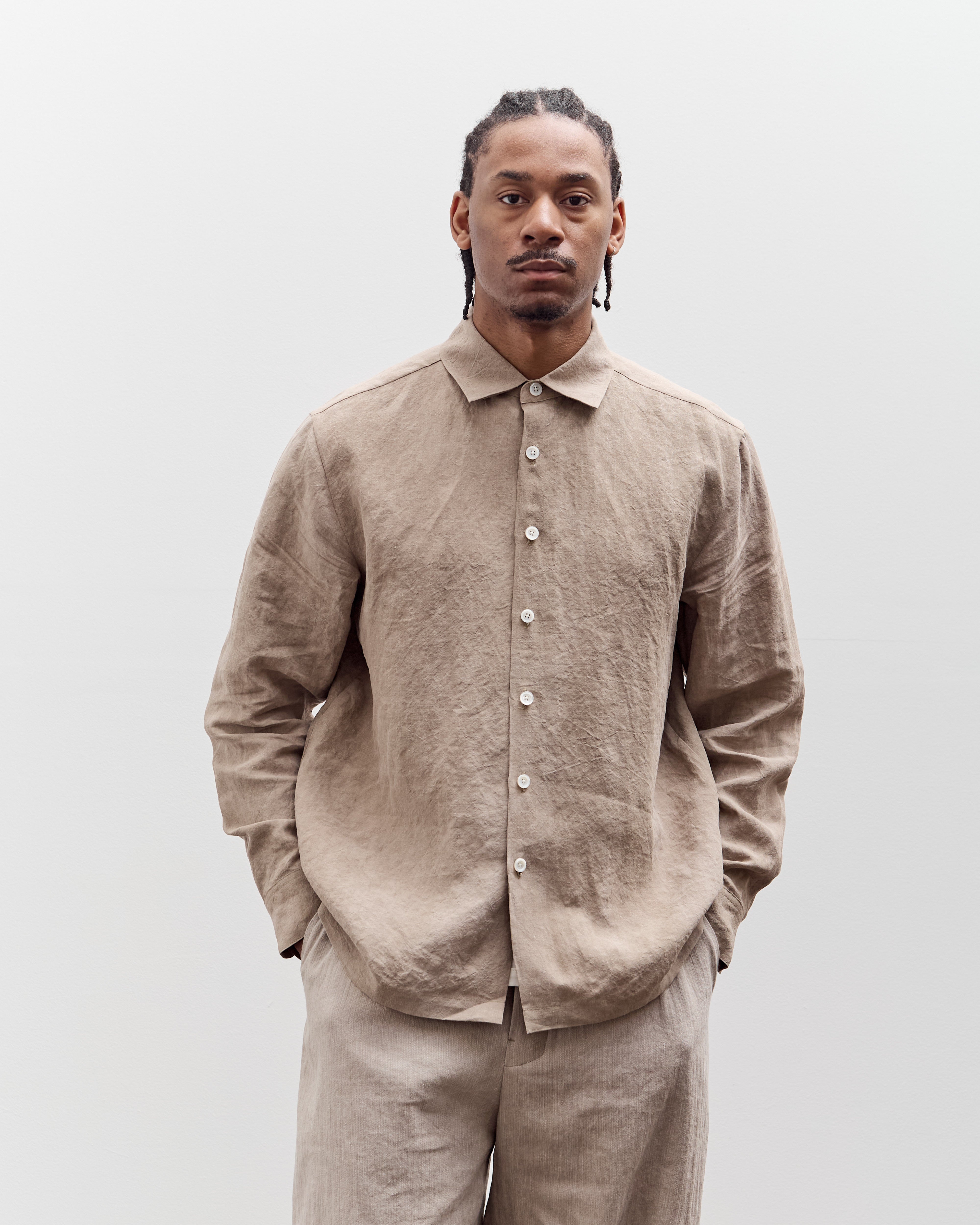 Evan Kinori Flat Hem Shirt, Cold Dye Hemp – Glasswing