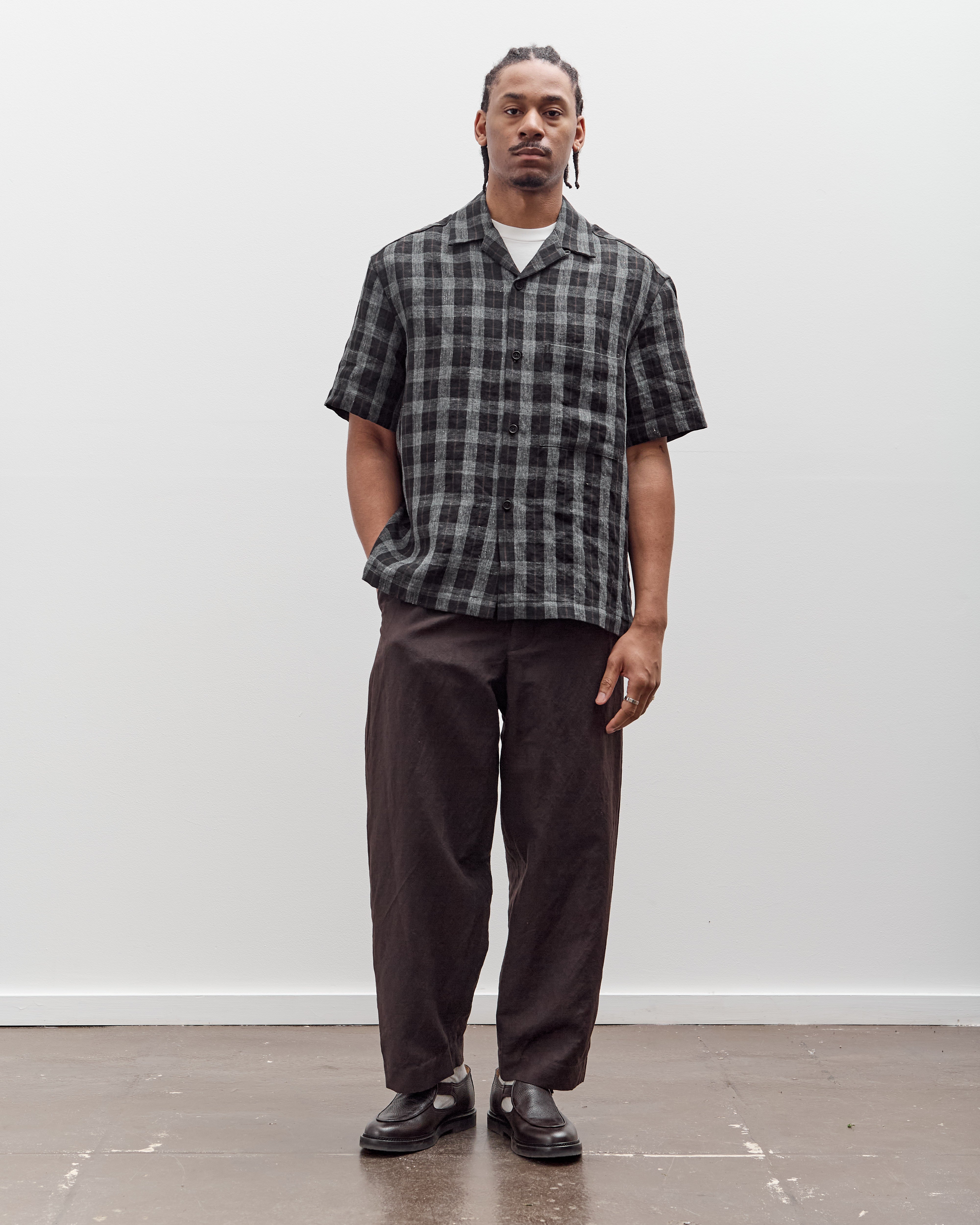 Evan Kinori Short Sleeve Shirt, Yarn Dyed Linen Check – Glasswing