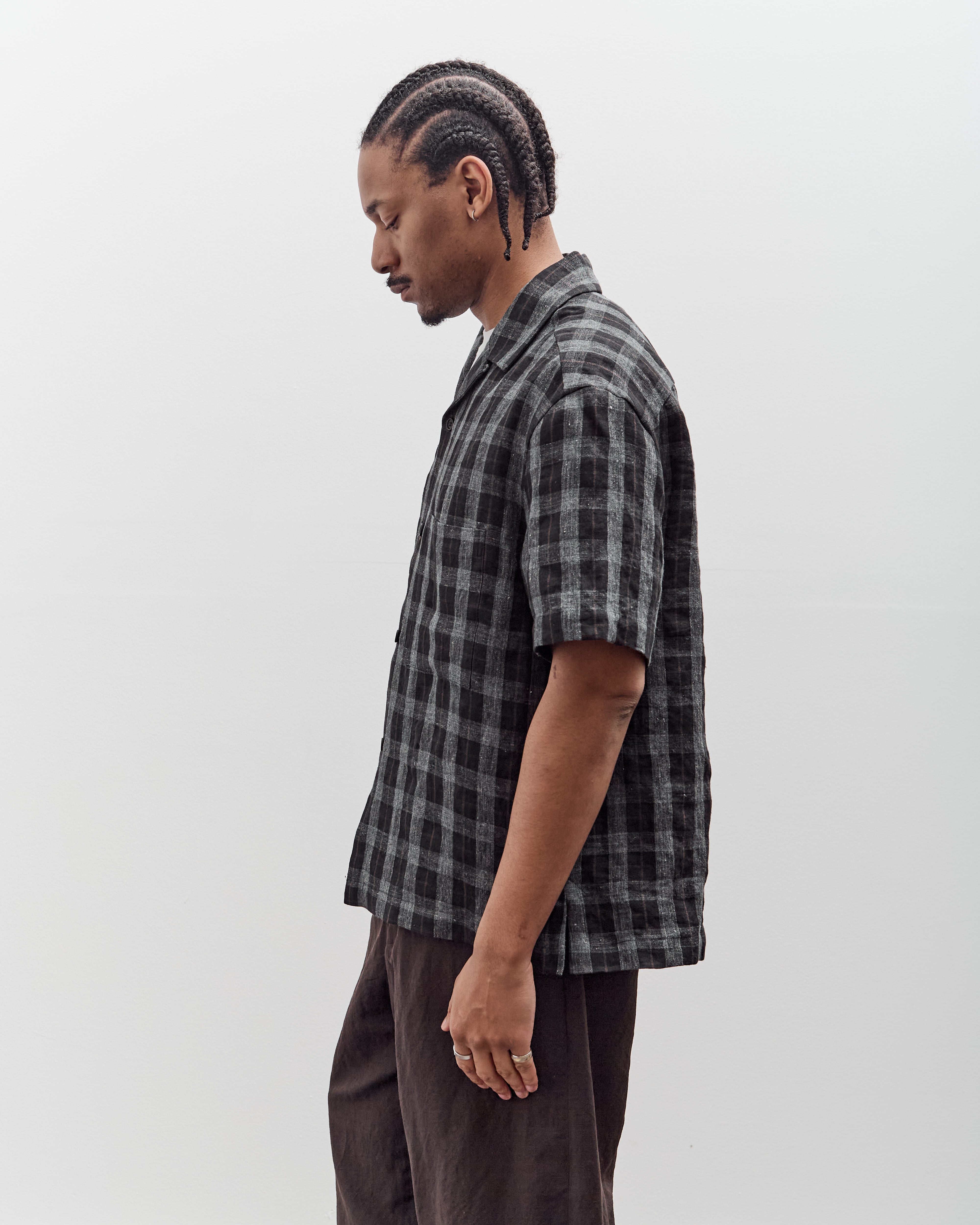 Evan Kinori Short Sleeve Shirt, Yarn Dyed Linen Check – Glasswing