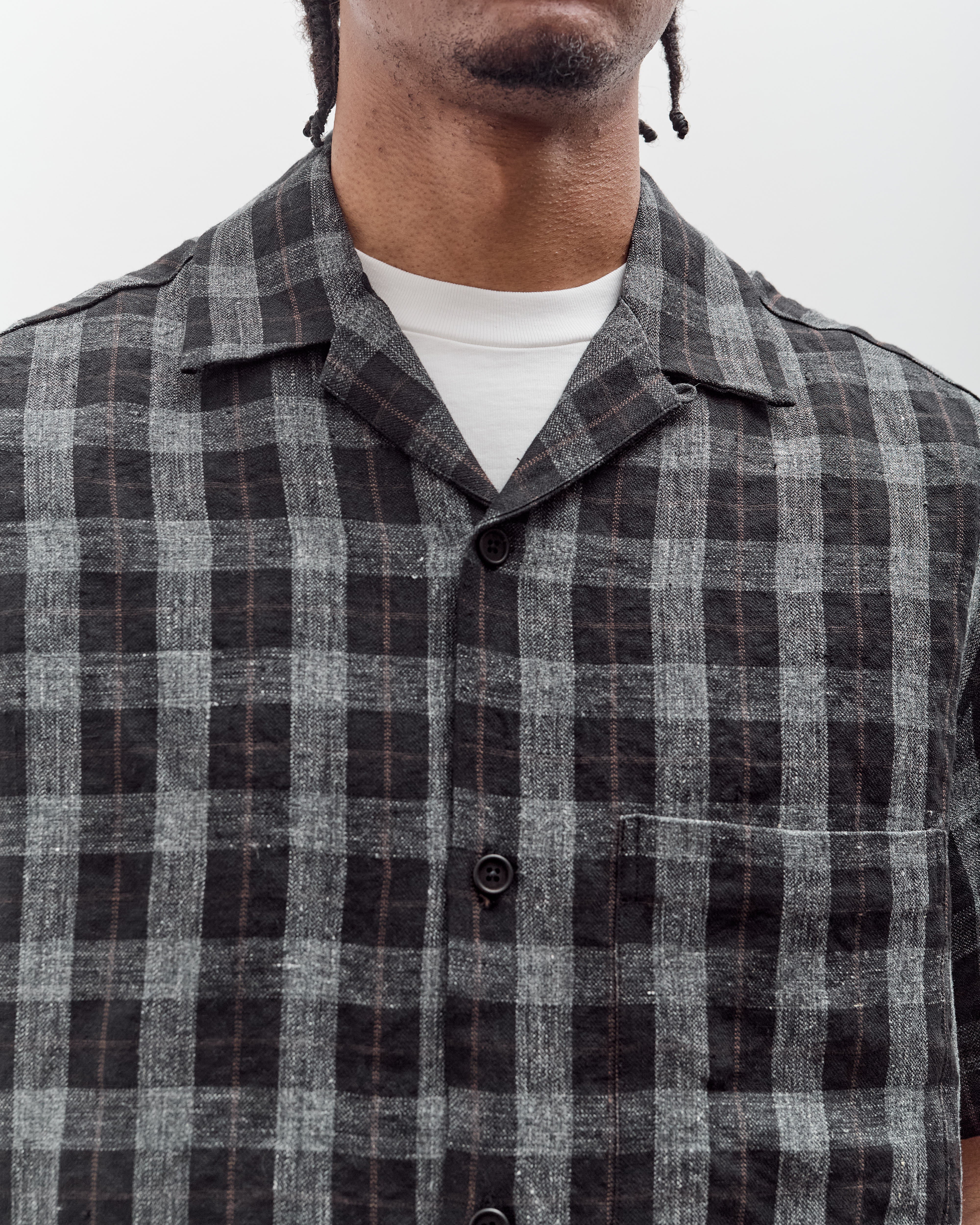 Evan Kinori Short Sleeve Shirt, Yarn Dyed Linen Check – Glasswing