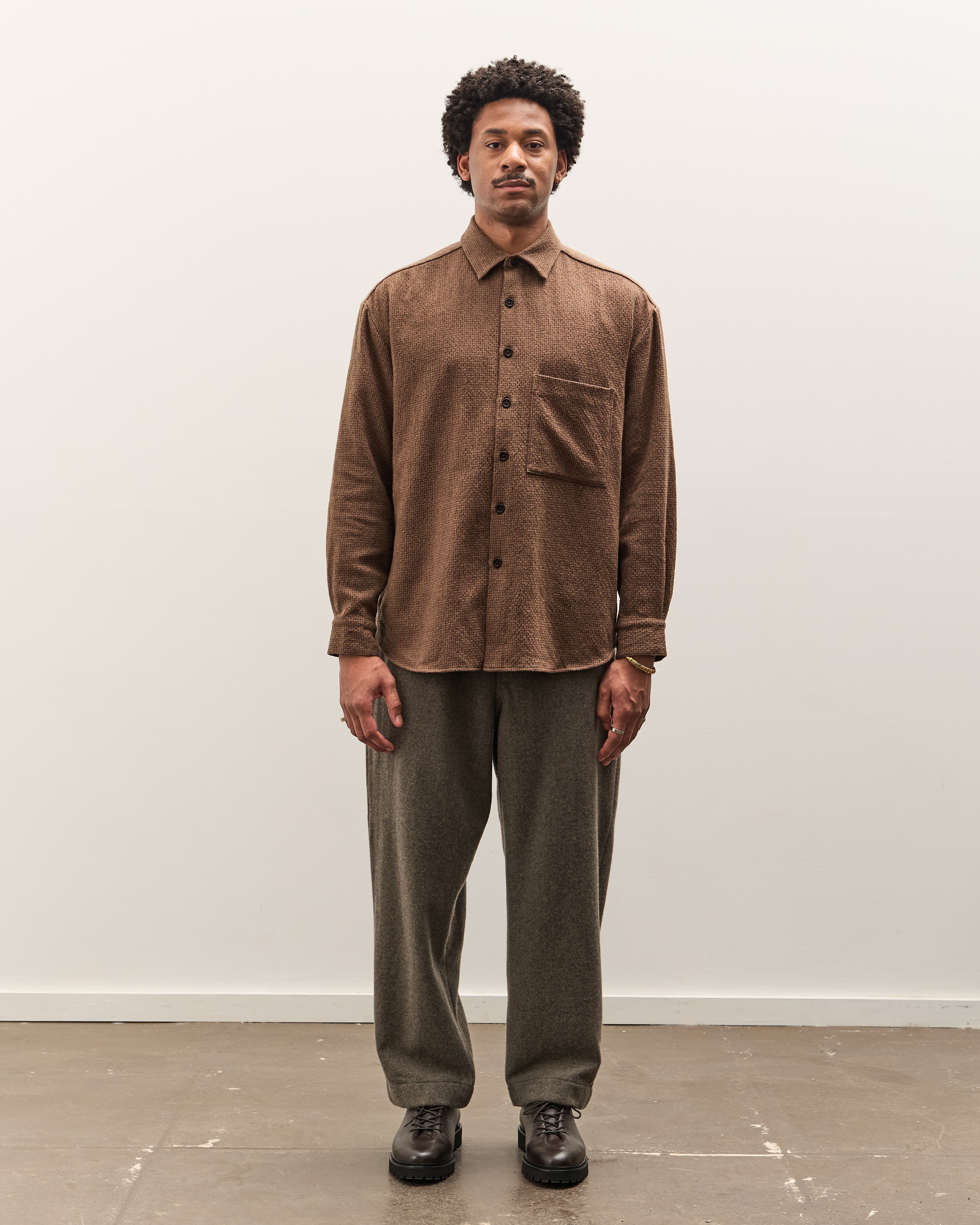 evan kinori ウールセットアップ　ブラウン Evan Kinori Big Shirt Two, Brown Puppytooth – Glasswing