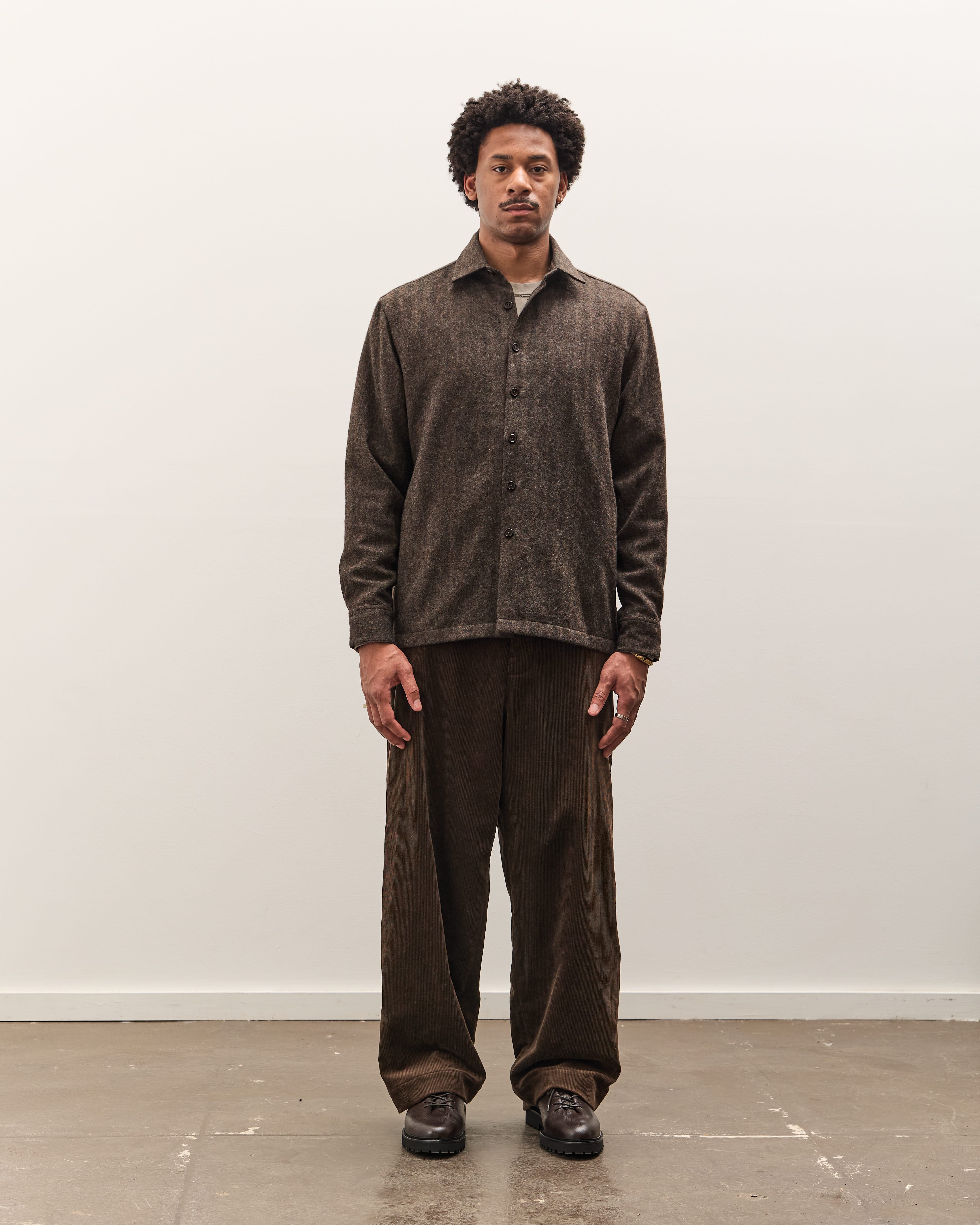 Evan Kinori Flat Hem Shirt, Brown Herringbone – Glasswing