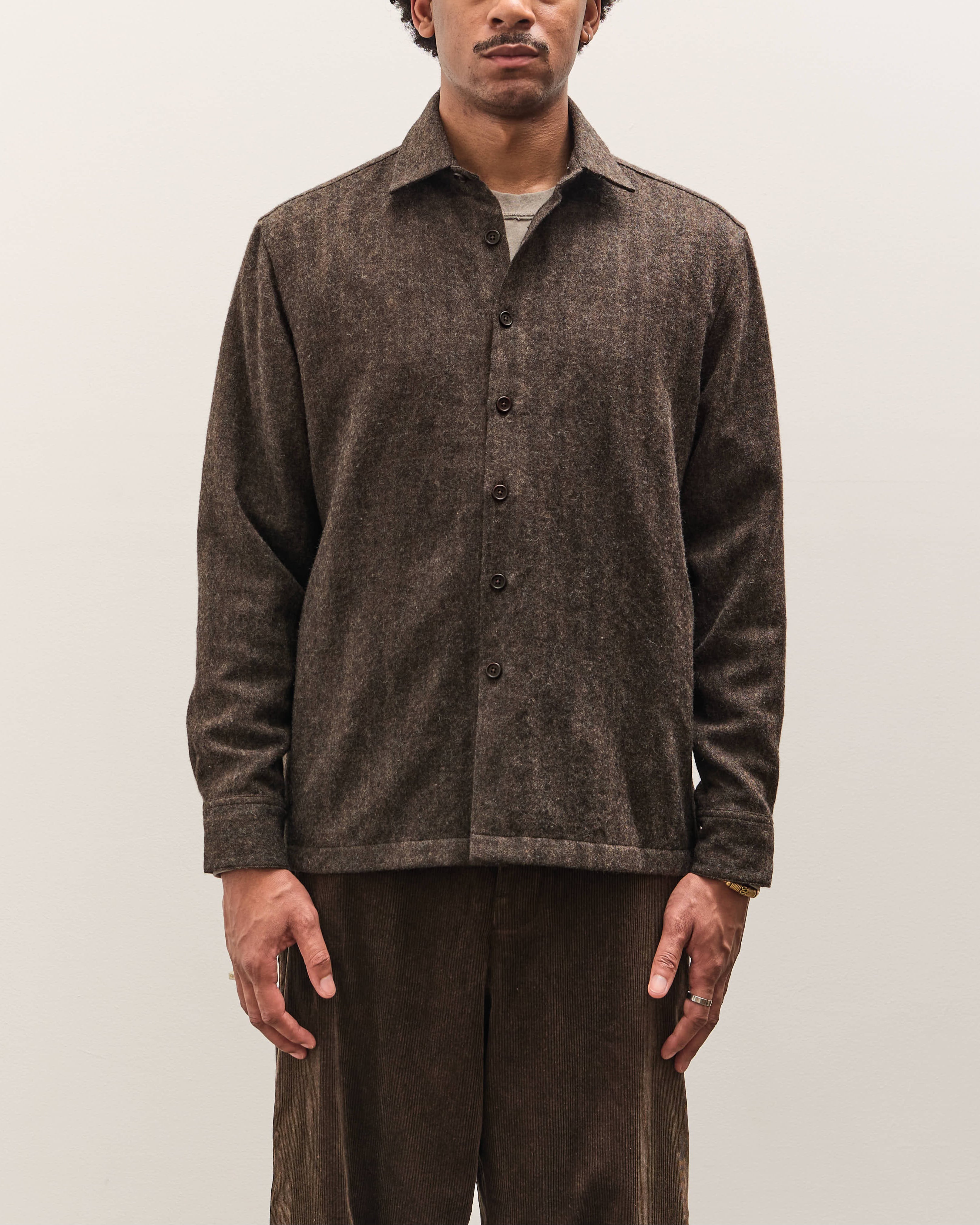 Evan Kinori Flat Hem Shirt, Brown Herringbone – Glasswing