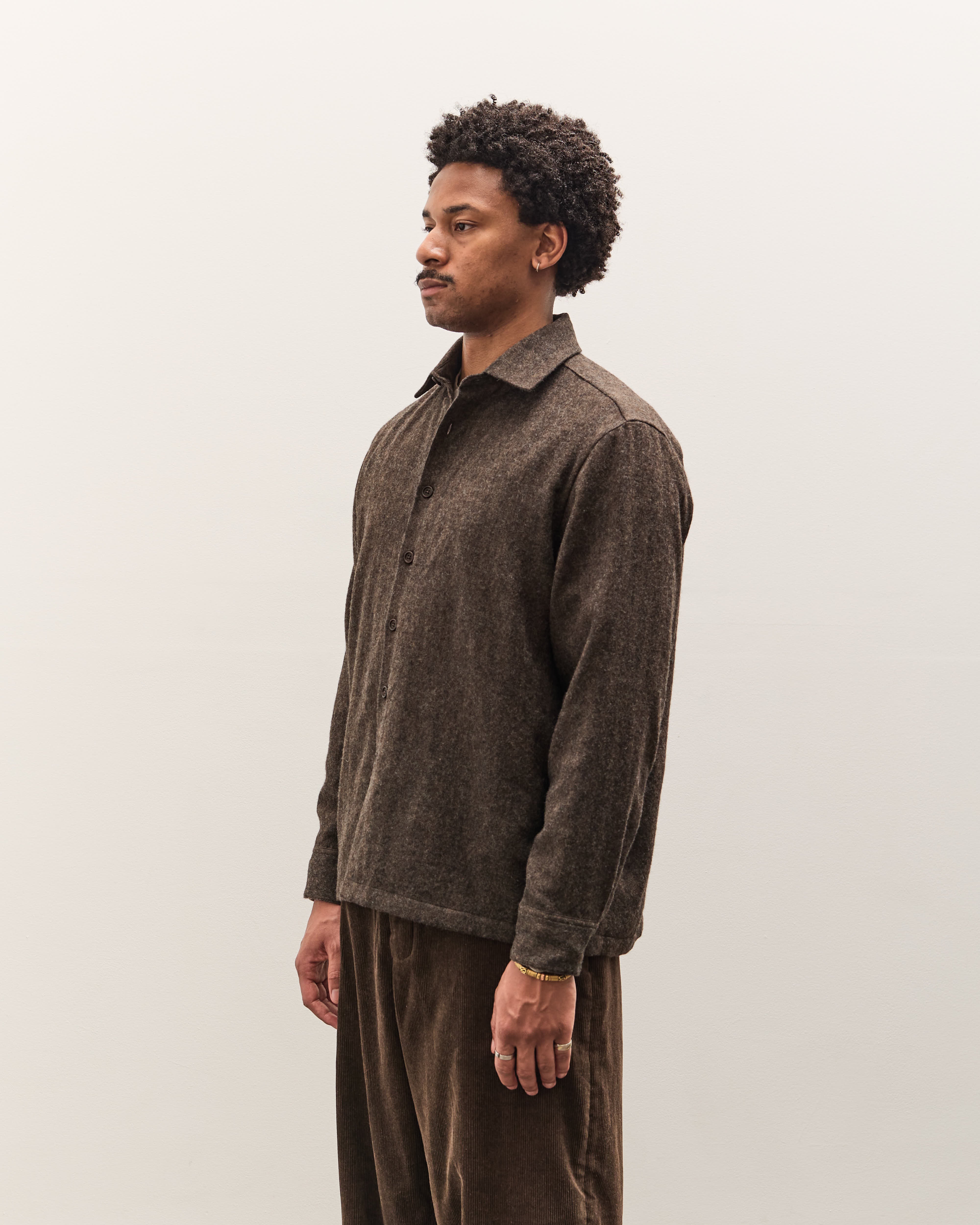 Evan Kinori Flat Hem Shirt, Brown Herringbone – Glasswing