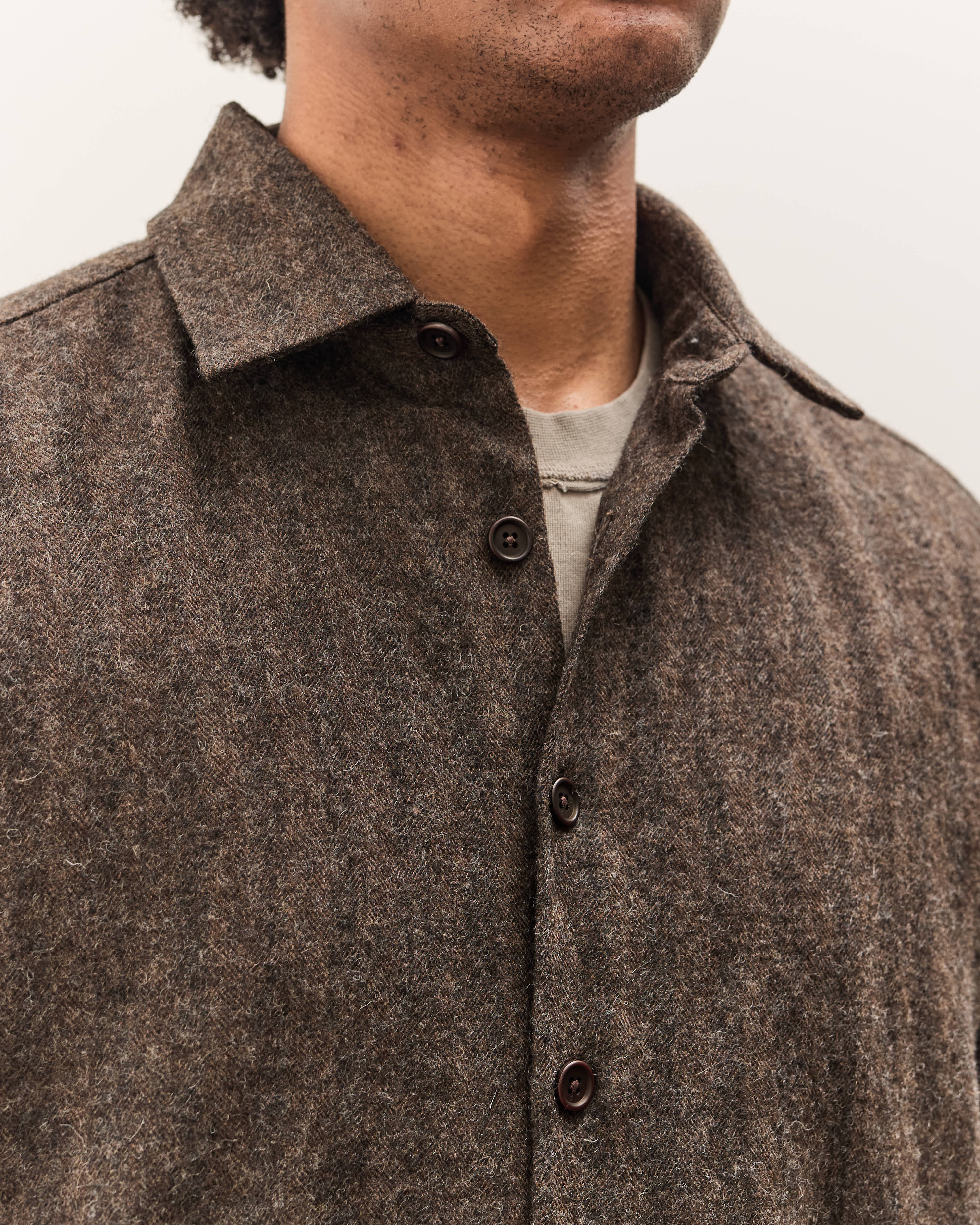 Evan Kinori Flat Hem Shirt, Brown Herringbone – Glasswing