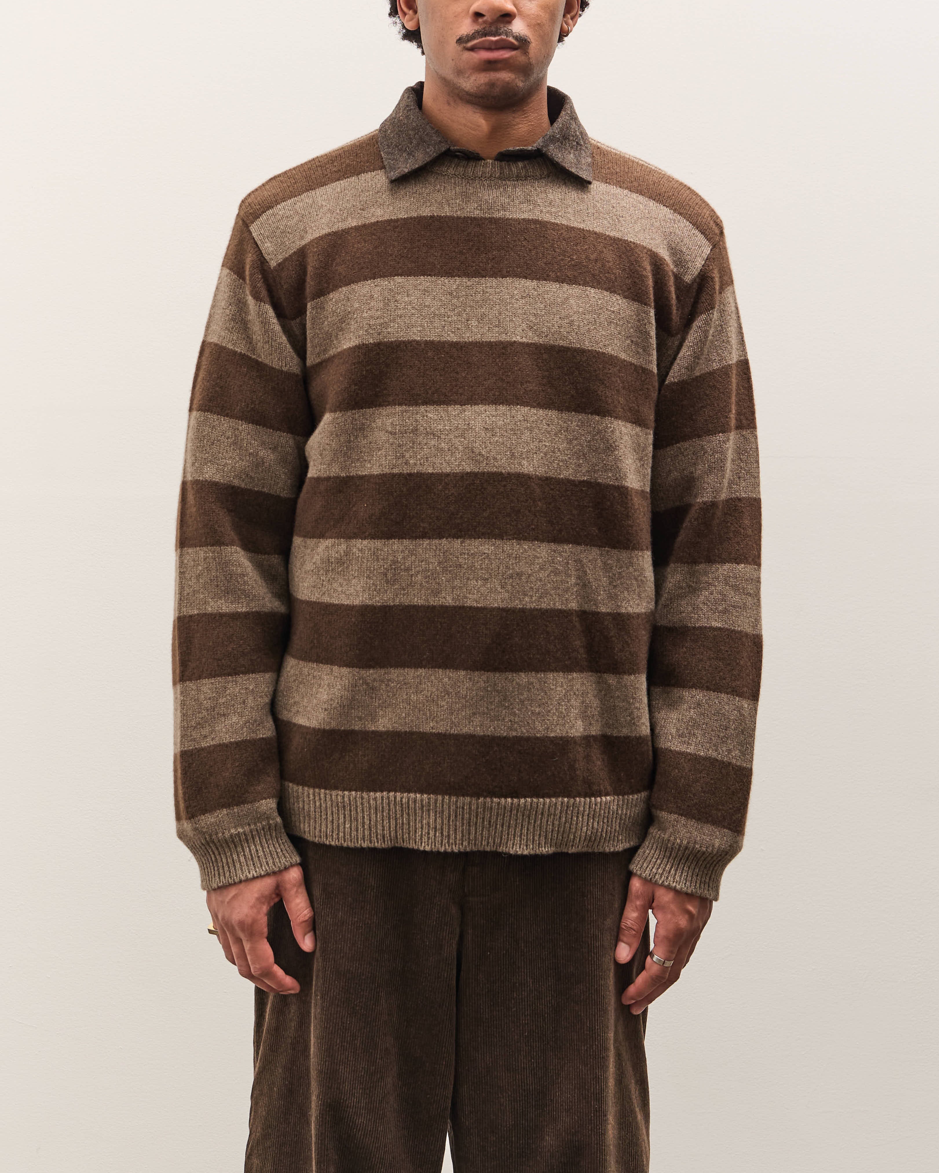Evan Kinori Crewneck Sweater, Light Brown/Dark Brown – Glasswing