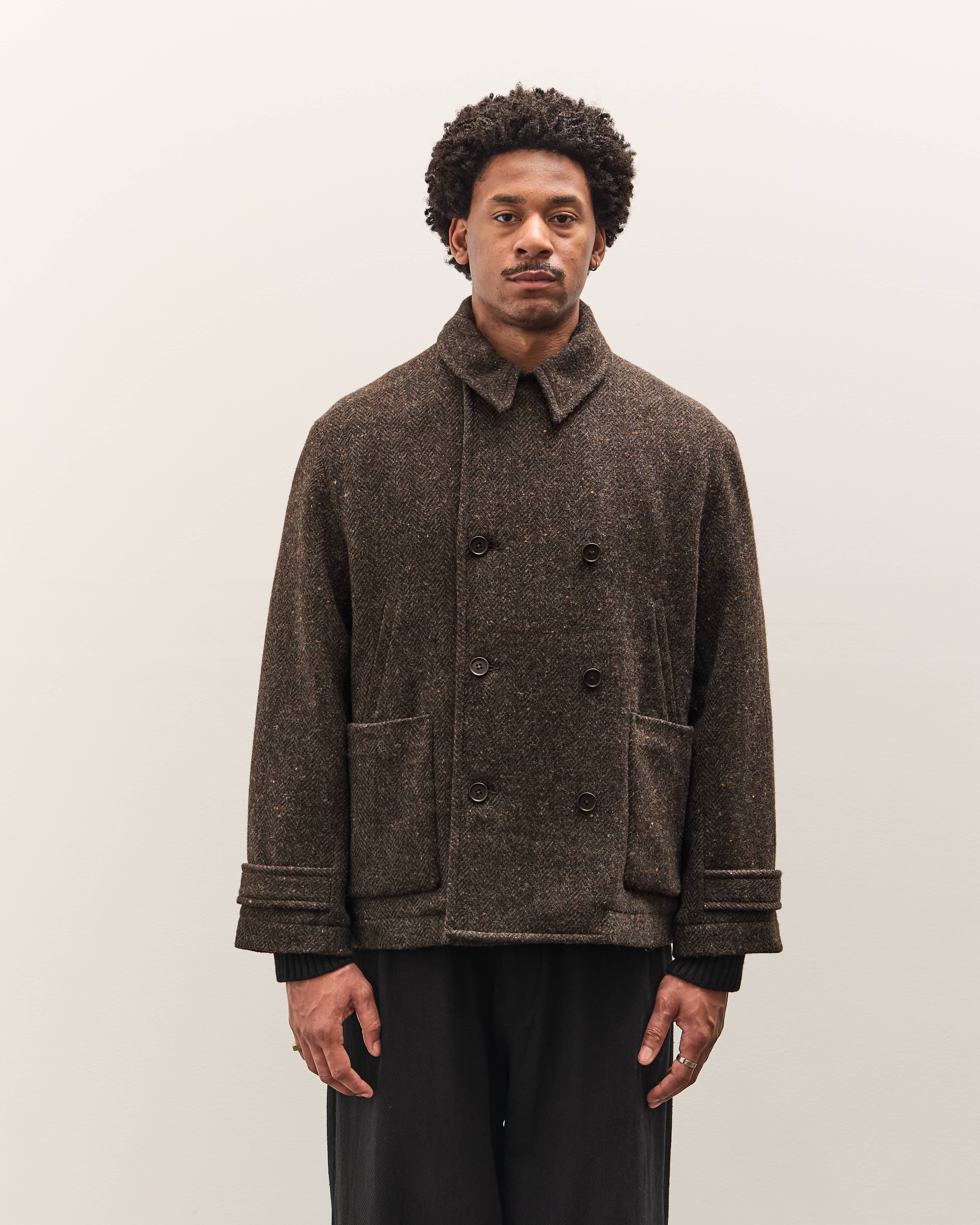 Evan Kinori Pea Coat, Brown Herringbone – Glasswing