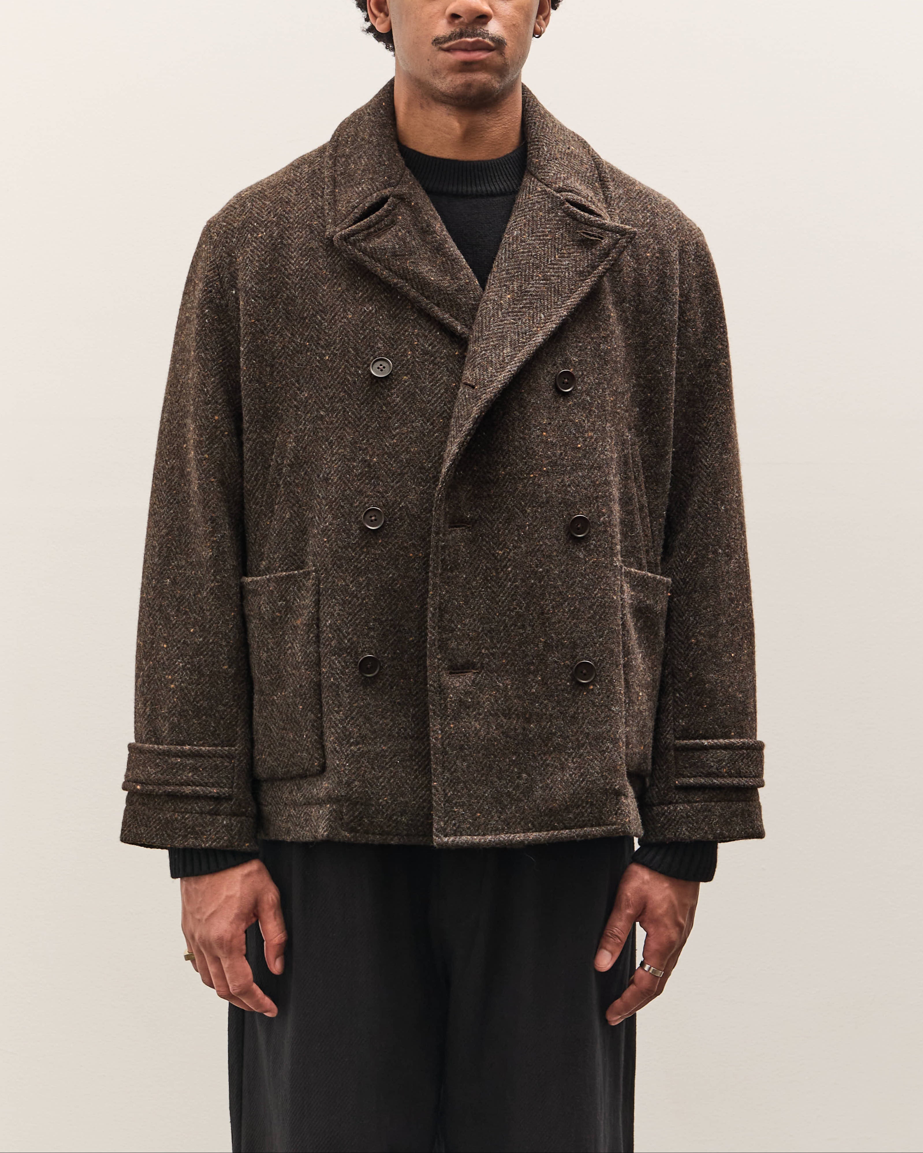 evan kinori ウールセットアップ　ブラウン Evan Kinori Pea Coat, Brown Herringbone – Glasswing