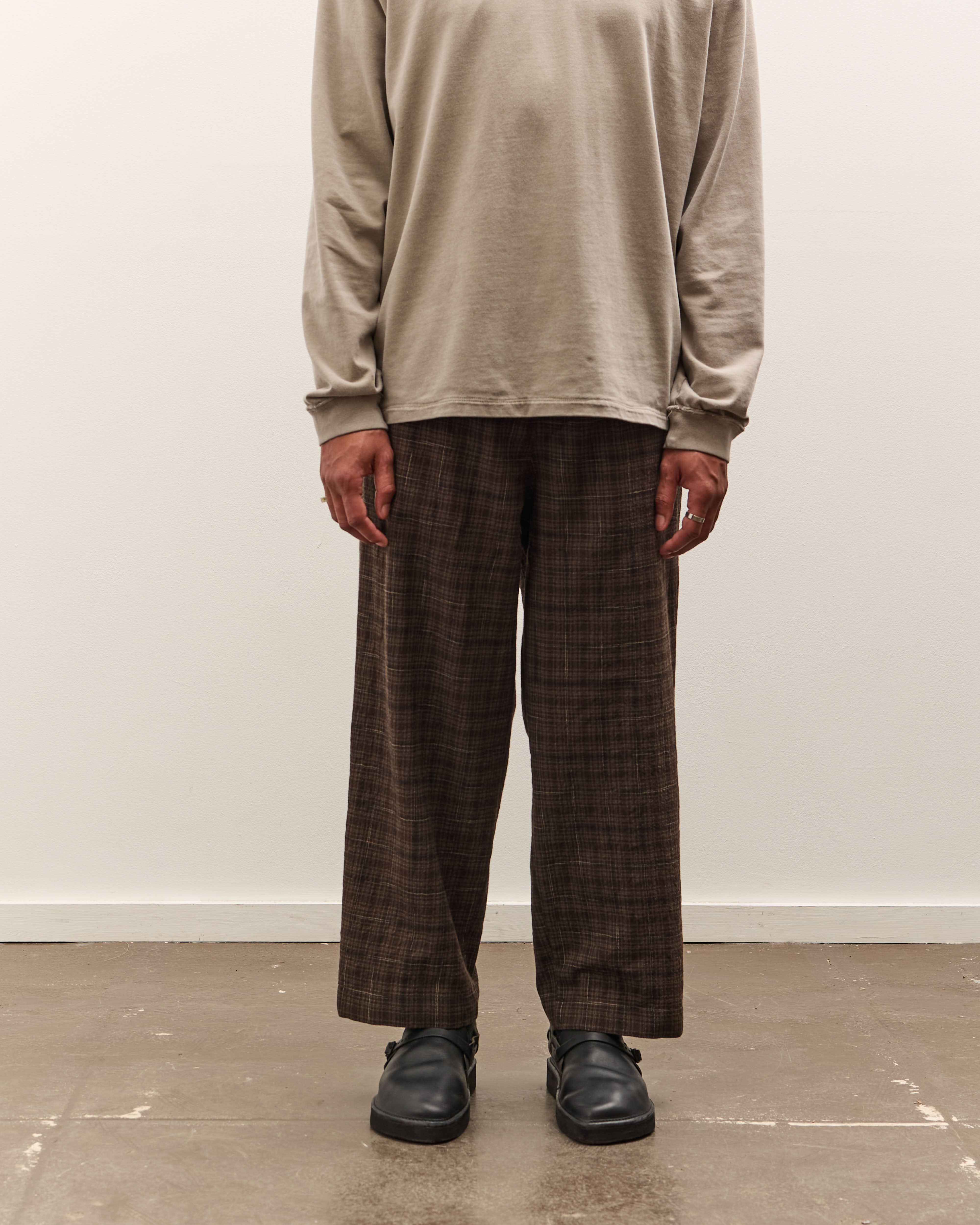 Evan Kinori Elastic Pant, Brown Kasuri Check – Glasswing