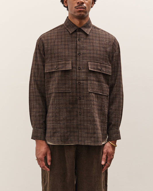Evan Kinori Big Shirt, Brown Kasuri Check