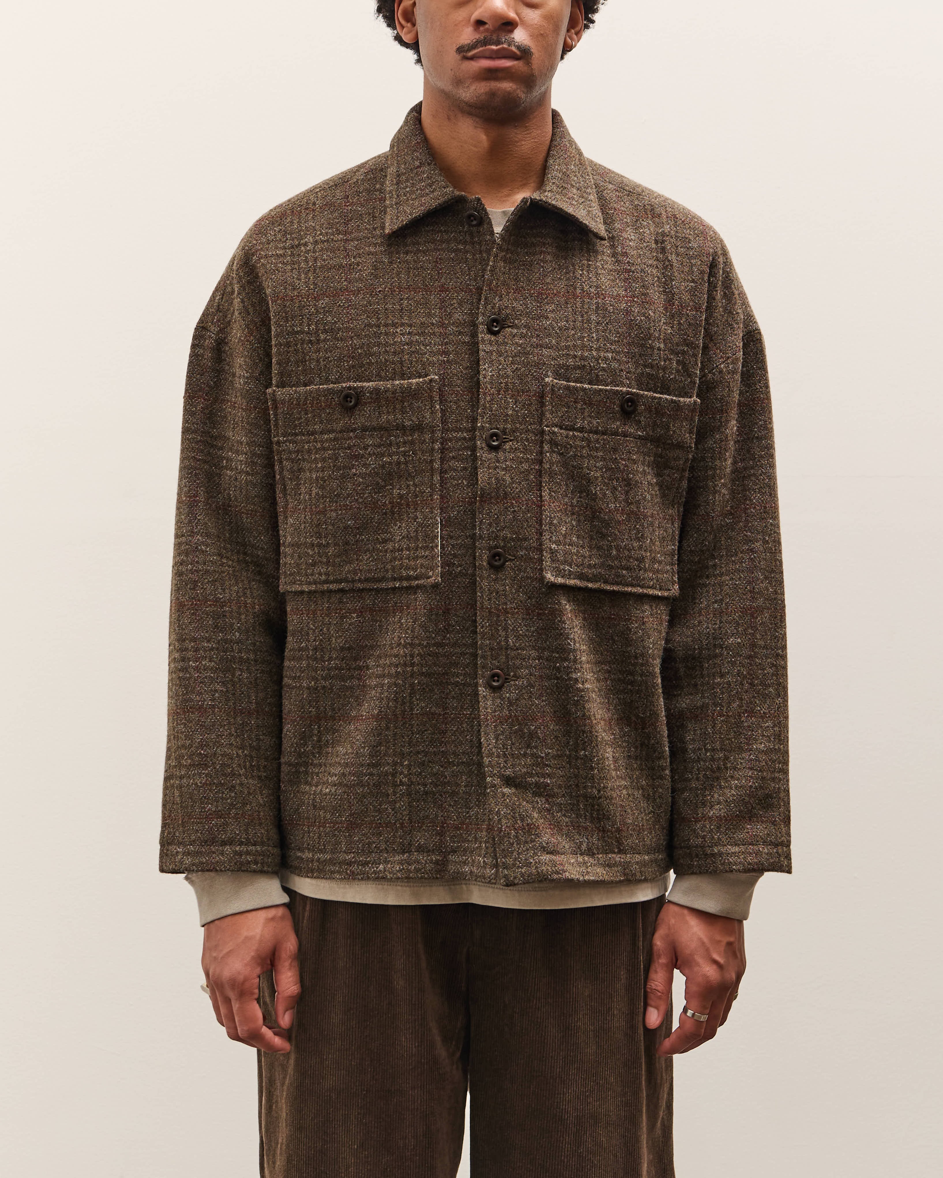 Evan Kinori Field Shirt Two, Dark Olive Herringbone – Glasswing