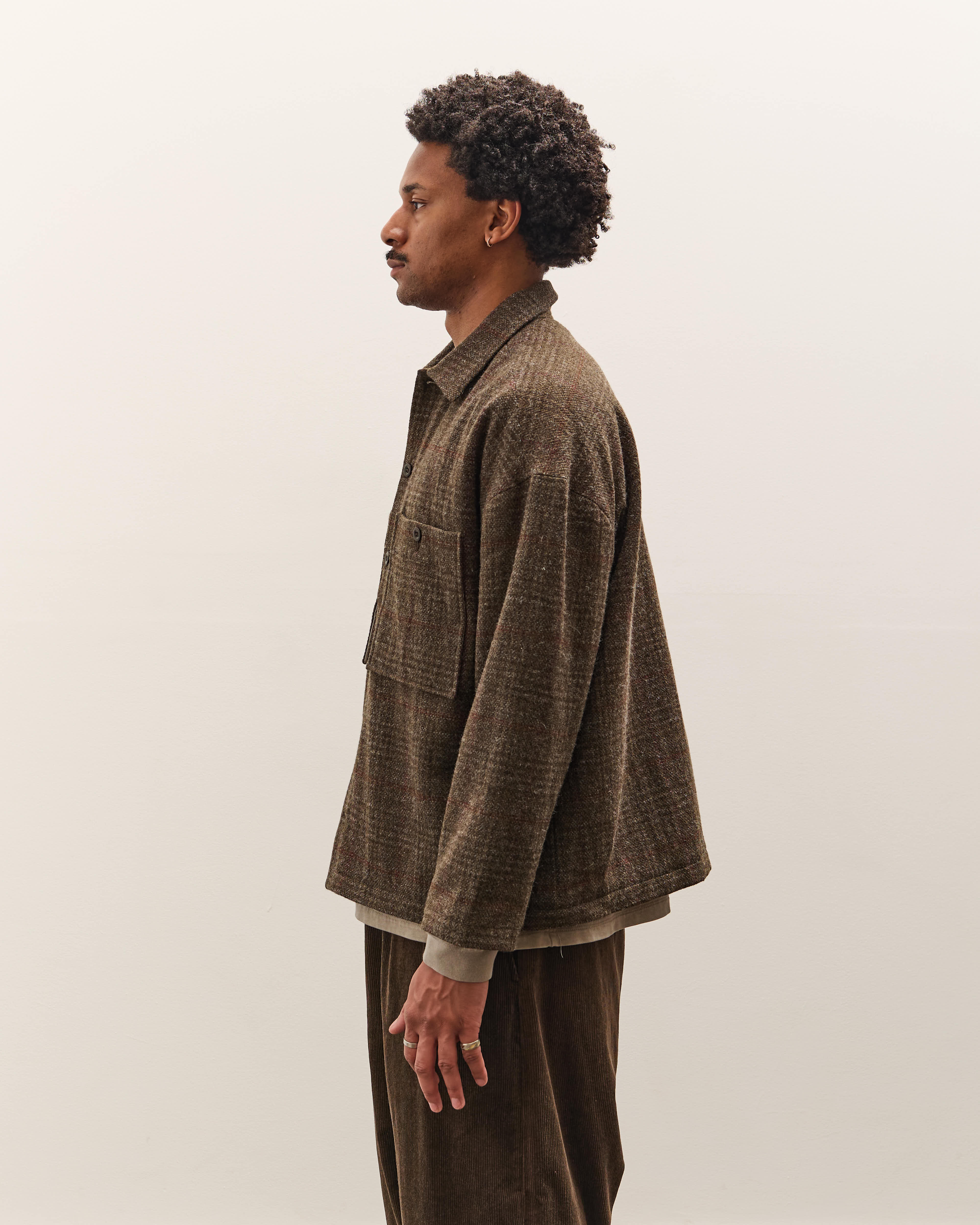 Evan Kinori Field Shirt Two, Dark Olive Herringbone – Glasswing