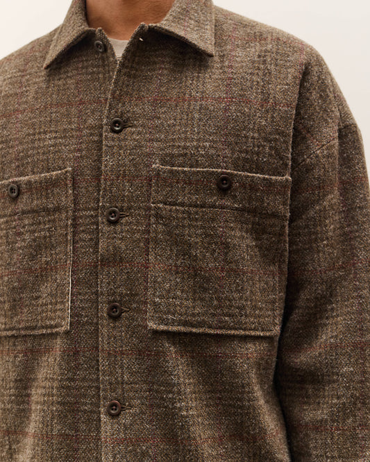 Evan Kinori Field Shirt Two, Dark Olive Herringbone