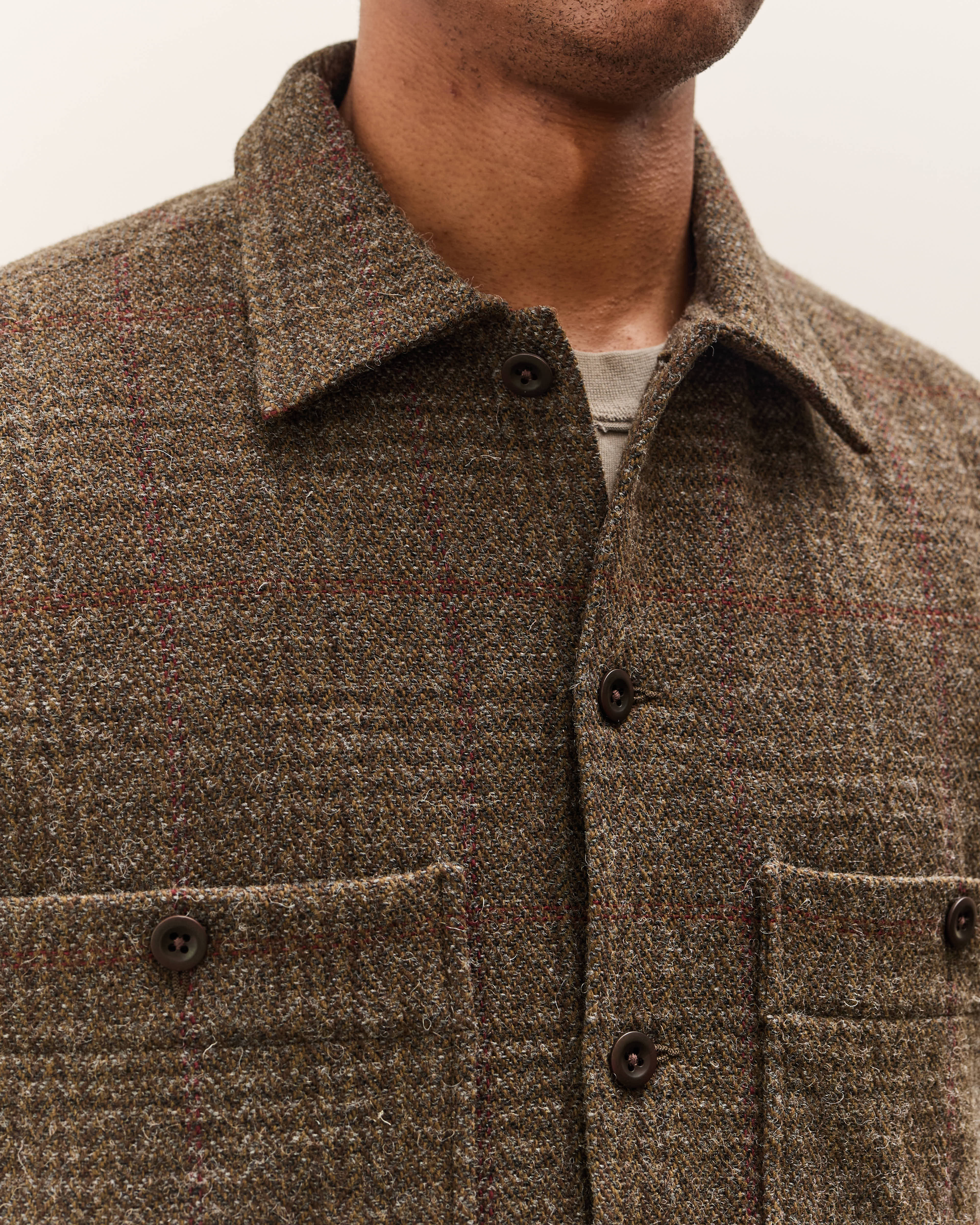 Evan Kinori Field Shirt Two, Dark Olive Herringbone – Glasswing