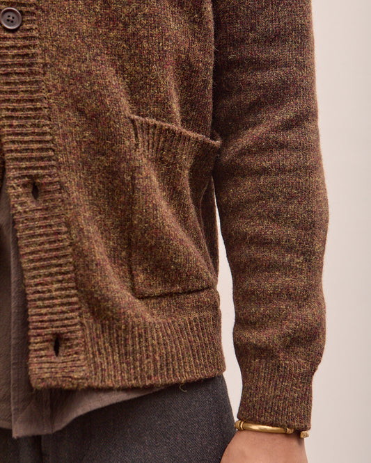Crewneck Cardigan, Dark Olive Top Dyed Wool