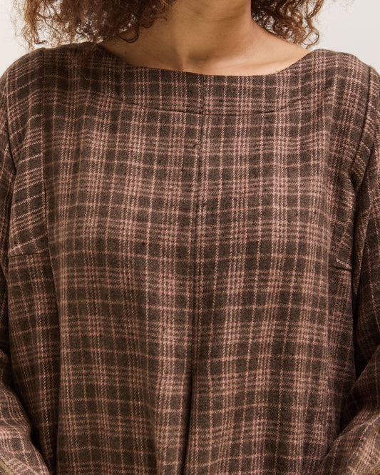 Gathering Sailor Dress, Brown with Red Checks