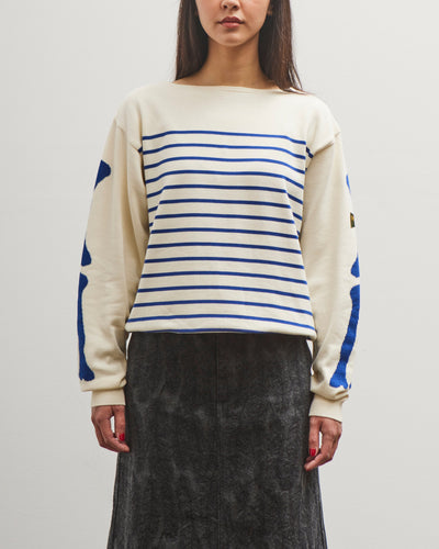 Kapital 12G Panel Stripe Knit Boat-Neck Sweater (BONE Sleeve), ECRxBlue
