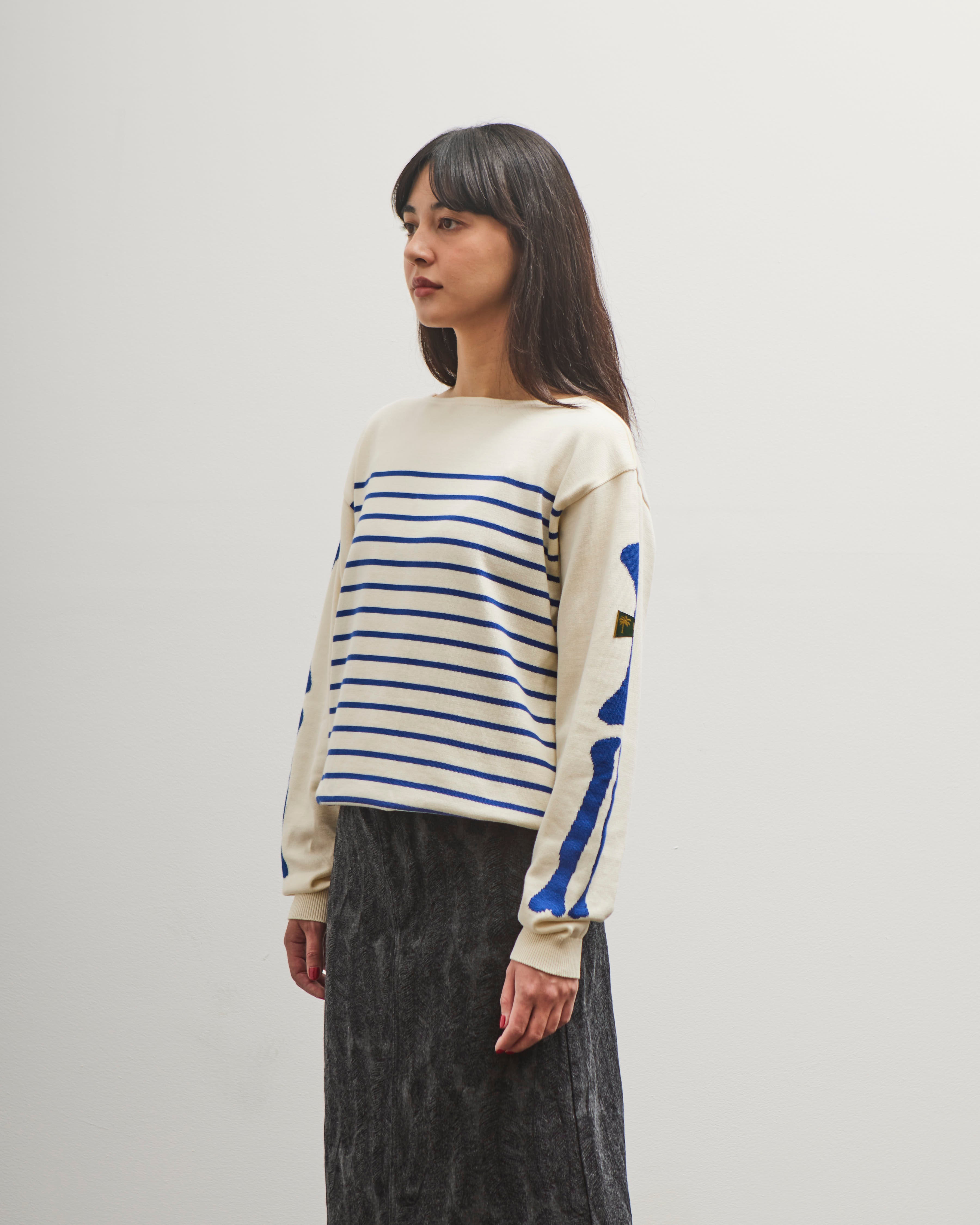 Kapital 12G Panel Stripe Knit Boat-Neck Sweater (BONE Sleeve