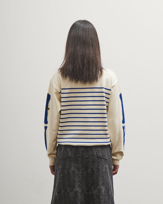 Kapital 12G Panel Stripe Knit Boat-Neck Sweater (BONE Sleeve), ECRxBlue