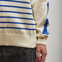 Kapital 12G Panel Stripe Knit Boat-Neck Sweater (BONE Sleeve), ECRxBlue
