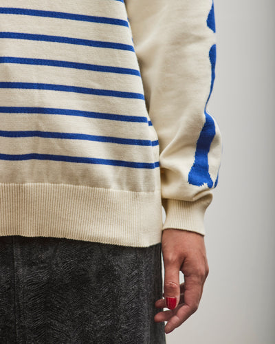 Kapital 12G Panel Stripe Knit Boat-Neck Sweater (BONE Sleeve), ECRxBlue