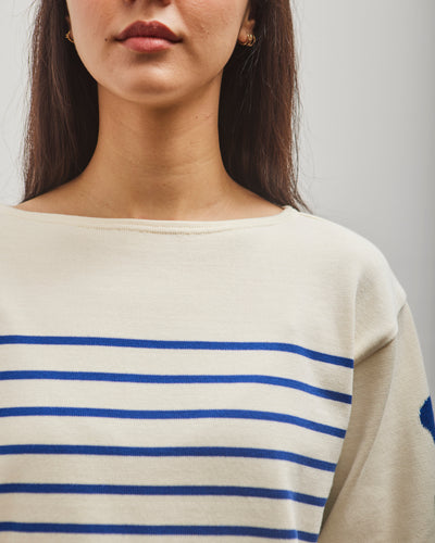 Kapital 12G Panel Stripe Knit Boat-Neck Sweater (BONE Sleeve), ECRxBlue