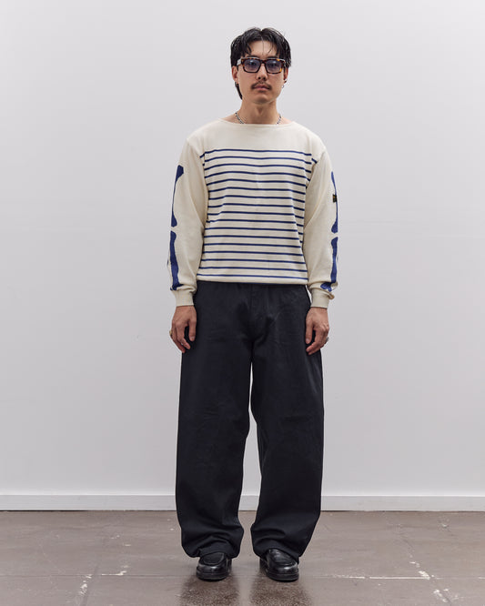 Kapital Unisex 12G Panel Stripe Knit Boat-Neck Sweater (BONE Sleeve), ECRxBlue