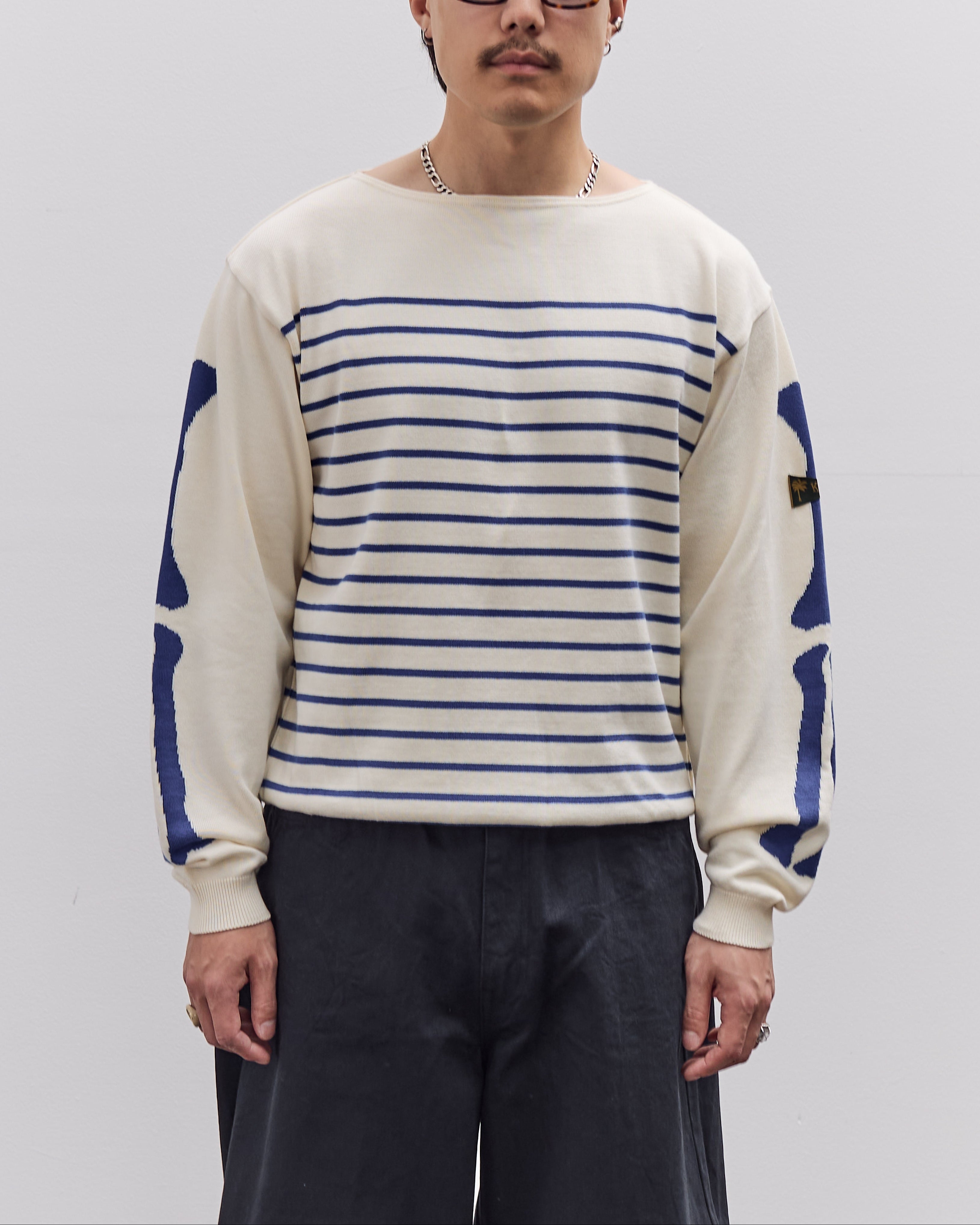 Unisex 12G Panel Stripe Knit Boat-Neck Sweater (BONE Sleeve