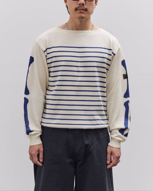 Kapital Unisex 12G Panel Stripe Knit Boat-Neck Sweater (BONE Sleeve), ECRxBlue