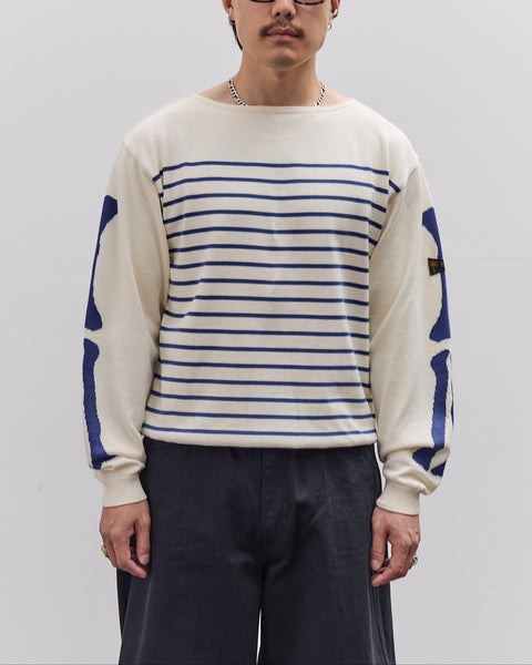 Unisex 12G Panel Stripe Knit Boat-Neck Sweater (BONE Sleeve