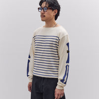 Kapital Unisex 12G Panel Stripe Knit Boat-Neck Sweater (BONE Sleeve), ECRxBlue