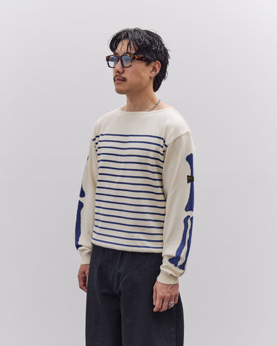 Kapital Unisex 12G Panel Stripe Knit Boat-Neck Sweater (BONE Sleeve), ECRxBlue